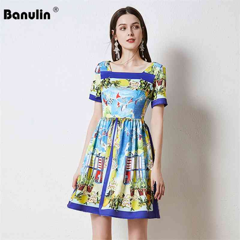 Banulin Elegant Square Collar Floral Print Runway Short Dress Summer Women Sleeve Mini Party Robe Beach Vestidos N7372 210603, Blue 
Banulin Elegant Square Collar Floral Print Runway Short Dress Summer Women Sleeve Mini Party Robe Beach Vestidos N7372 210603, Blue