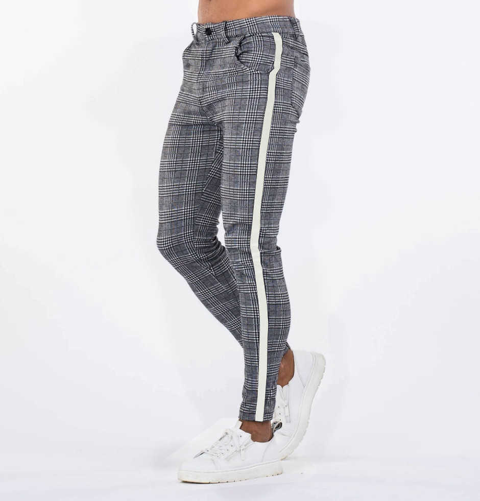 Mens Streetwear Chinos Plaid Casual Pants Fitness Men Skiny Bottom Jogger Sweatpants Fashion Trousers Stripe Track 210818