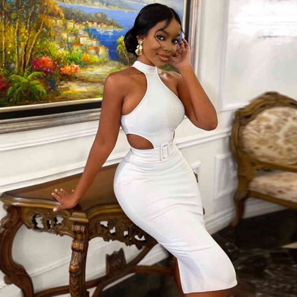 Summer White Halter Bodycon Bandage Dress Women Sexy Hollow Out Sleeveless Midi Night Evening Runway Party 210423