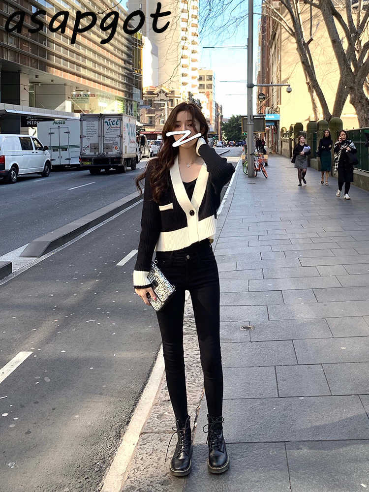 Sweaters&Jumpers Thin V Neck One Button Short Cardigan Long Sleeve Tops Wild Casual Knitted Jacket Contrast Retro Chic 211011Z