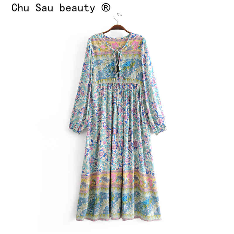 beauty Boho Floral Print Women's Long Dress Holiday Fashion Bow Tie Maxi Dresses Female Beautiful Beachwear 210514