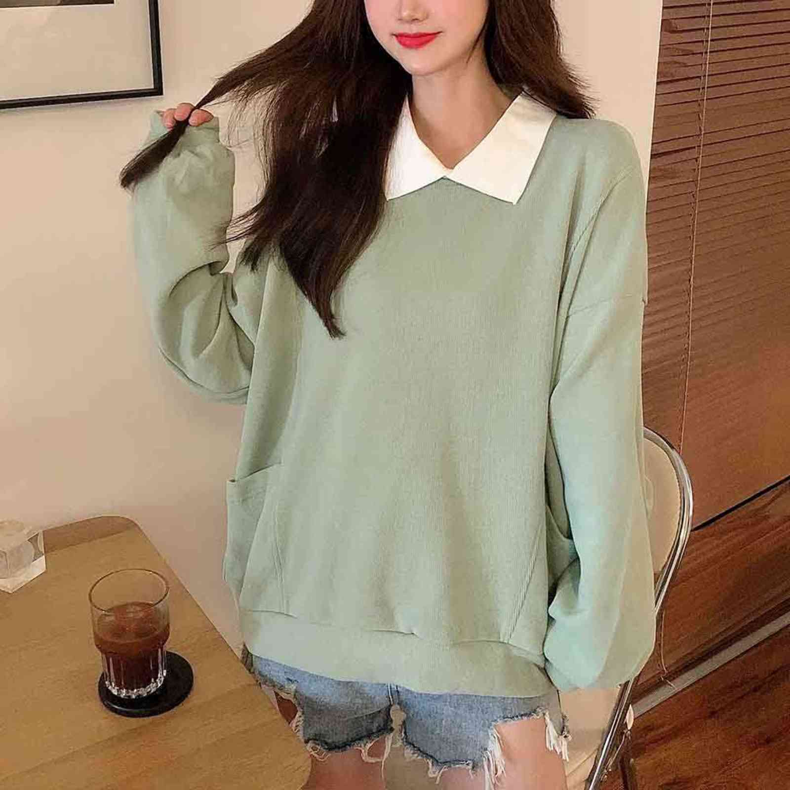 Japanese Harajuku Collared Sweatshirt Kawaii Hoodie Jackets for Girls Pullover Long Sleeve Autumn Casual Solid Color Sweatshirt 211109