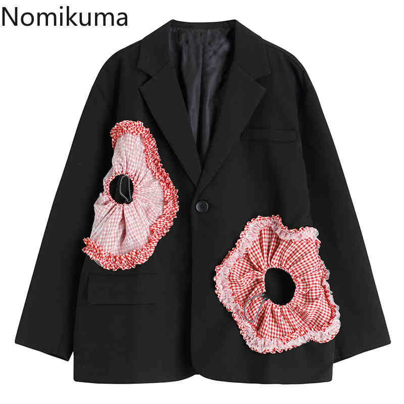 Nomikuma Black Flowers Elegant Blazer Coat Spring New Long Sleeve Notched Collar Suit Jacket Causal Women Blazers 6E062 210427