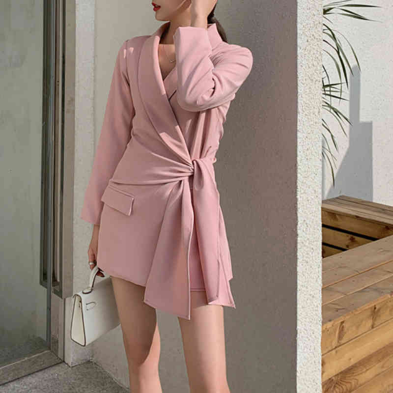 Korea Retro Long Sleeve Lace Up Blazers Suits Spring Summer Jackets And Shorts Two Piece Set Office Ldy Clothing 210514