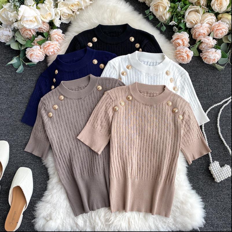 short sleeve women sweater o neck shirts with decorated buttons girls stretchy crop sweaters pullovers for, White;black
short sleeve women sweater o neck shirts with decorated buttons girls stretchy crop sweaters pullovers for, White;black