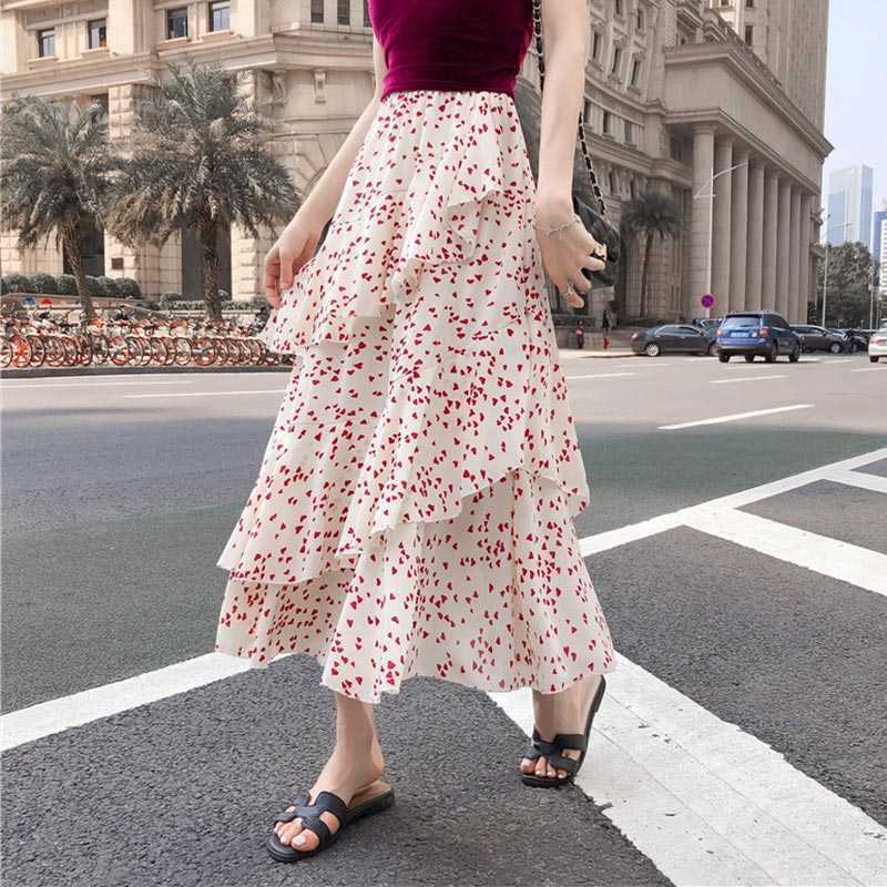 Summer Women's Long Skirt Ruffle Polka Dot Irregular High Waist Female A-line Skirts Korean Japan Kawaii Bohemian Lady 210619
