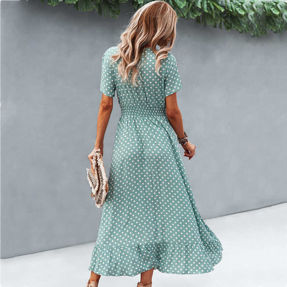 Elegant Beach Women Dress Summer Casual Polka Dot Print V Neck Short Sleeve High Waist Button Ruffle Boho Dresses Vintage 210526