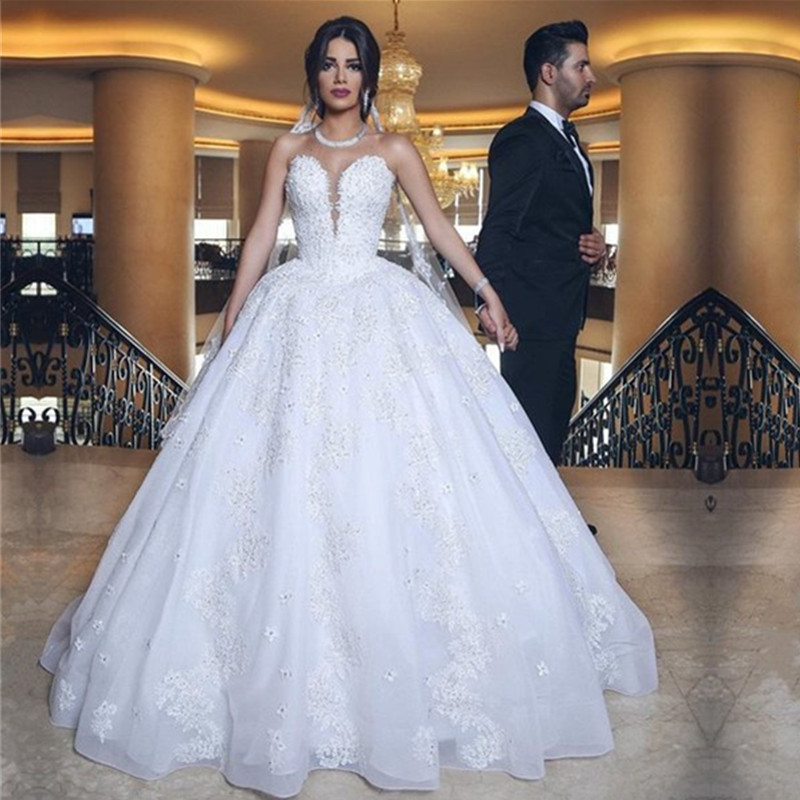 Luxurious lace V-neck Wedding Gowns Corset Bodice Sheer Ball Crystal Pearls Beads Rhinestones Tulle Bridal Dresses Custo