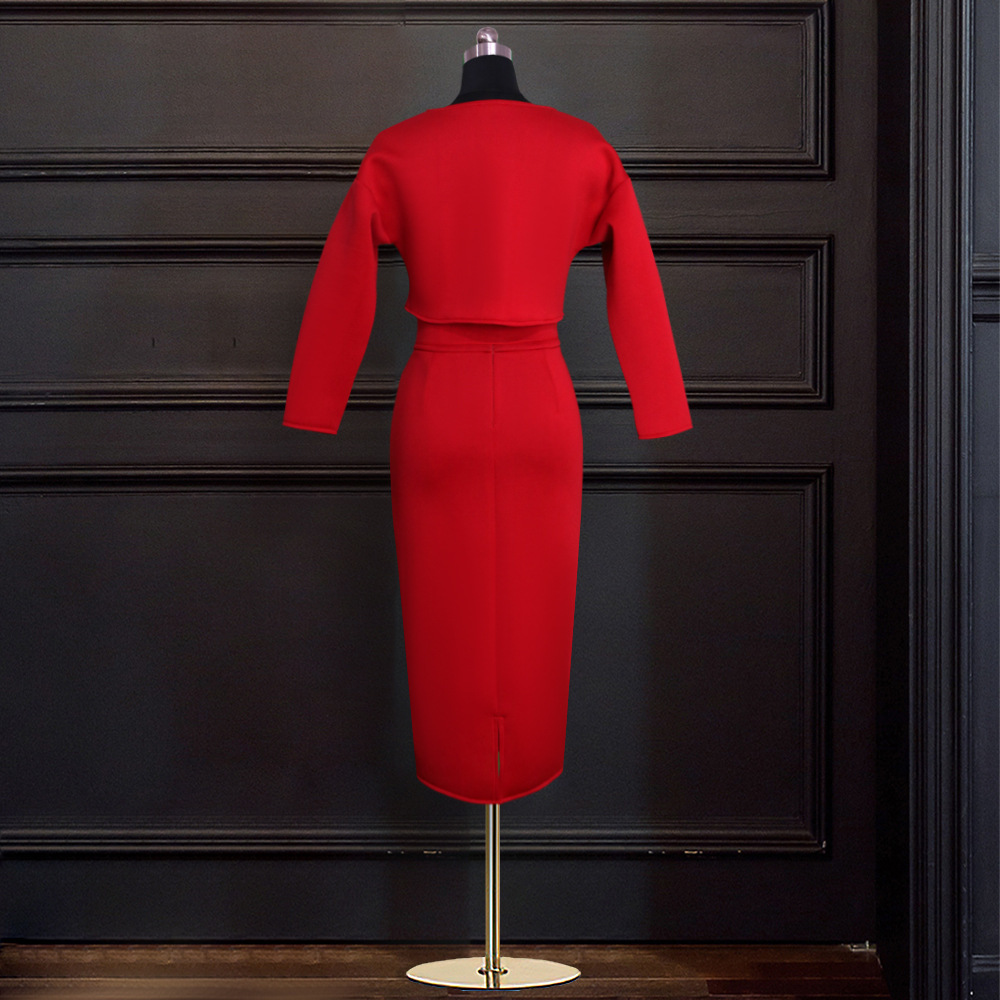 Women Set Skirt s Bandage High Waist Long Skirts Short Tops Plus Size Red 2 Piece Fashion 210513