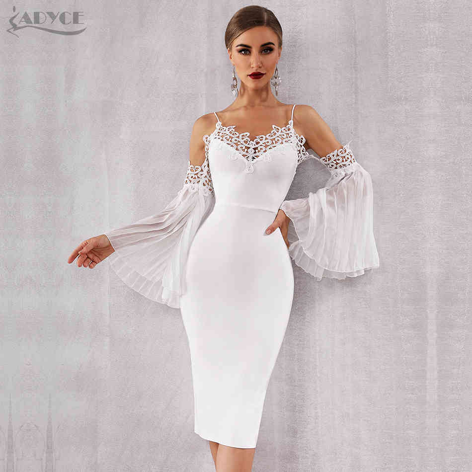 Autumn Women Bandage Dress Sexy Flare Sleeve White Lace Midi Vestidos Elegant Celebrity Evening Party 210423