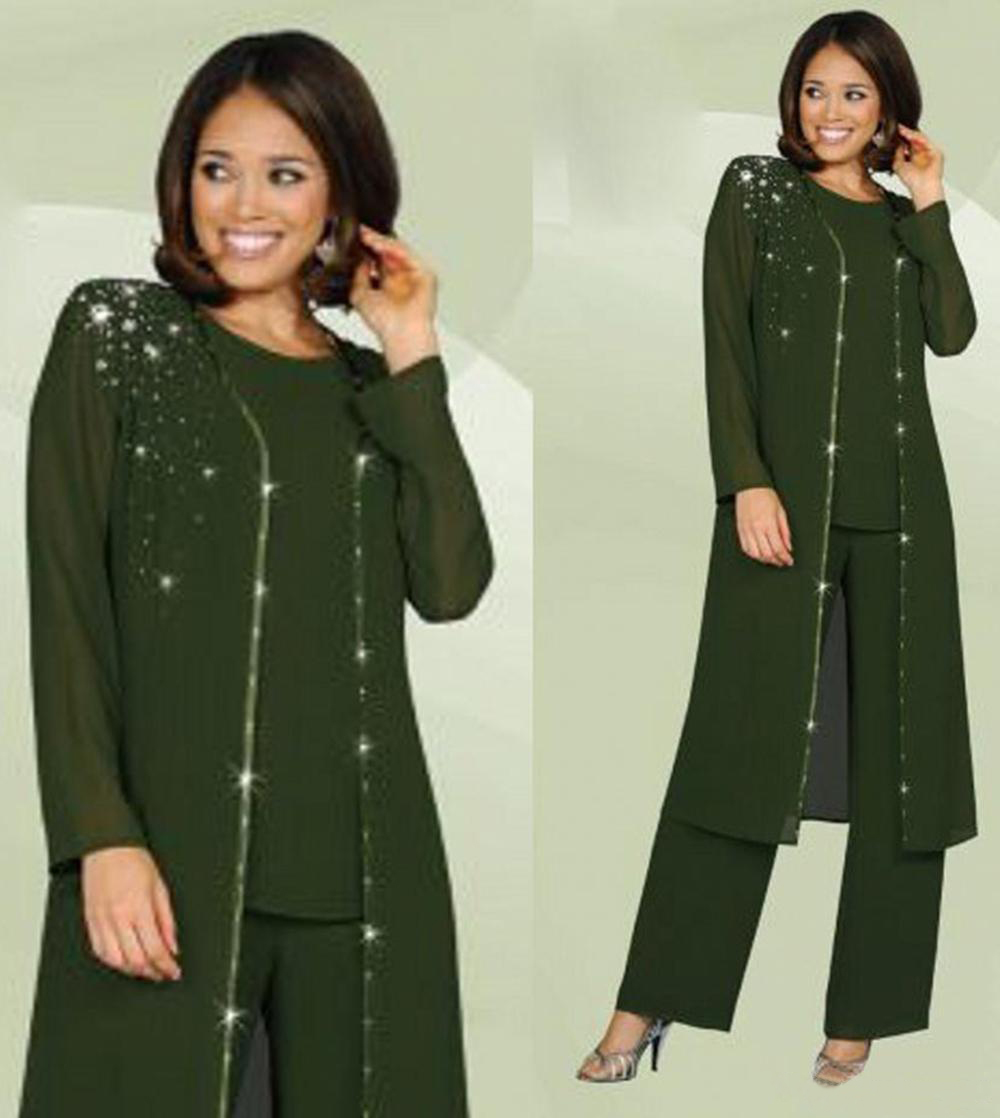 Mother Bride Pant Suits Women 3 pieces elegant crystal decoration chiffon mother of the bride dress pants suit with jacket outfit for wedding groom