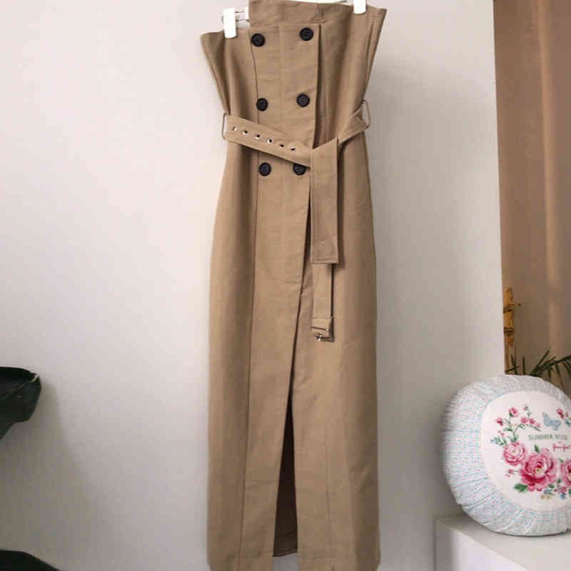 Korean 2 Piece Set Simple All-match Turn-down Collar Shirt + Double Breasted Drawstring Strapless Dress Autumn Chic Suit 210506