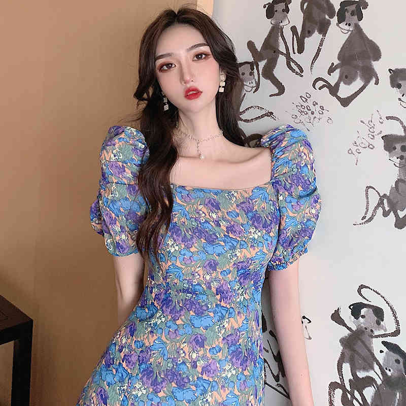 French Vintage Floral Dress Summer Puff Sleeve Women Square Collar Sexy Split Casual Ladies Party 210519