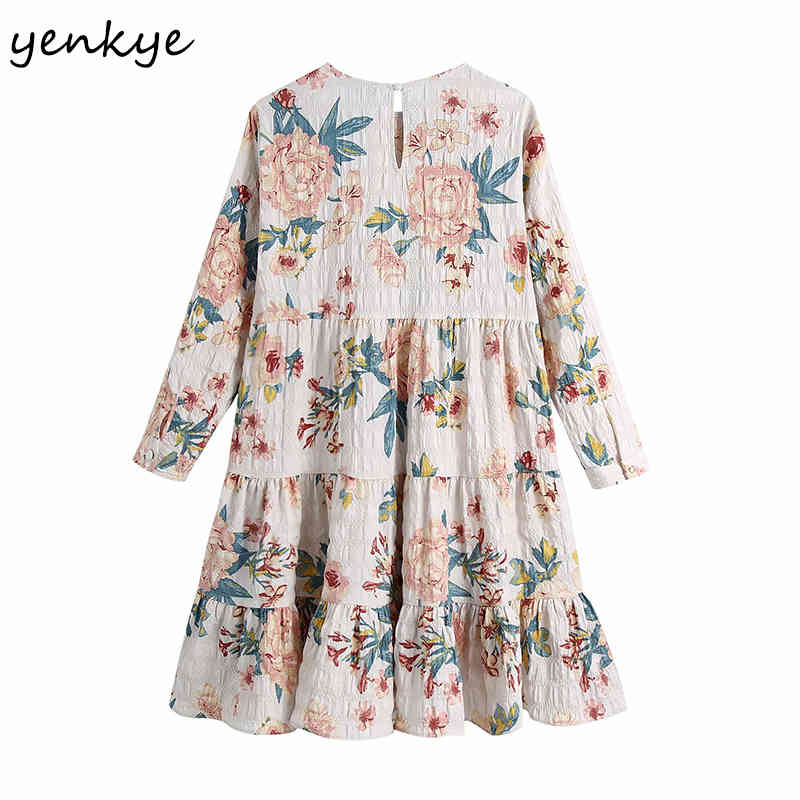YENKYE Vintage Floral Print Mini Dress Women O Neck Loose Casual Dress Female Summer Plus Size Short Vestido 210515