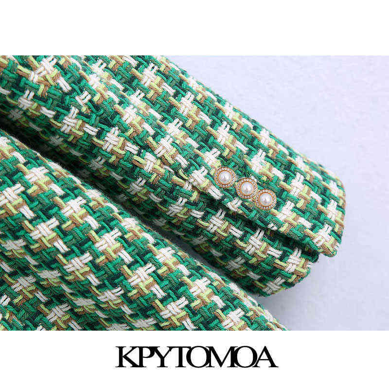 KPYTOMOA Women Fashion Double Breasted Tweed Blazer Coat Vintage Long Sleeve Welt Pockets Female Outerwear Chic Veste Femme 211122