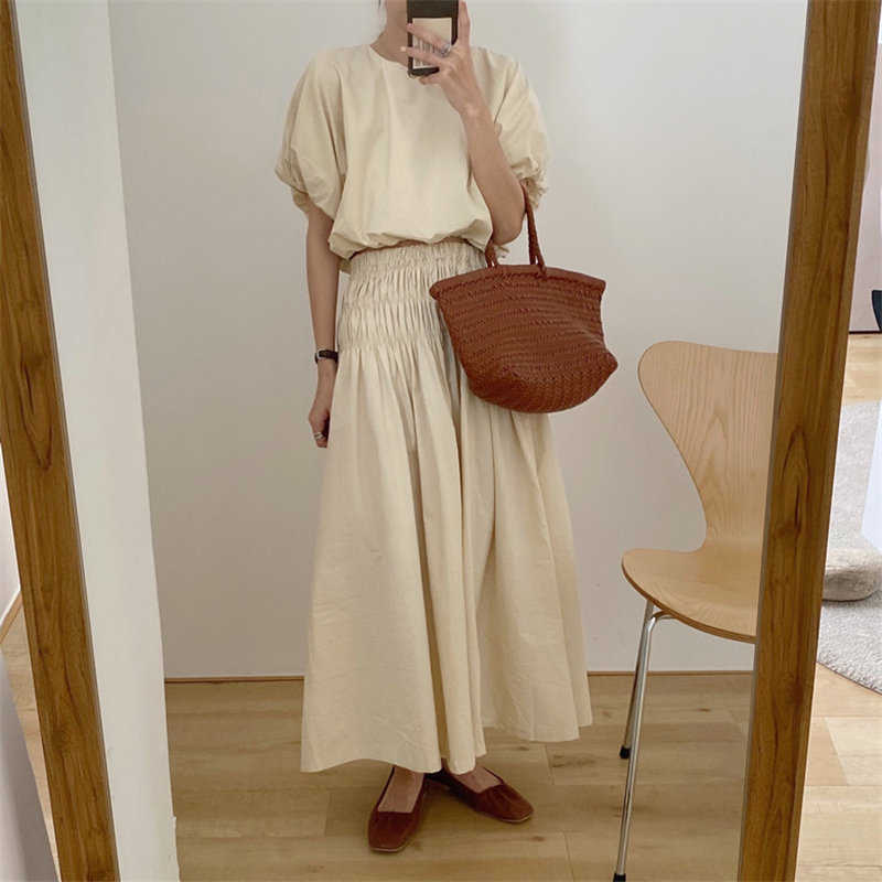 Alien Kitty Chic Summer Loose Vintage Sweet Brief Blouses+ Loose Thin A-Line Solid Skirts All Match Two Piece Sets 210708