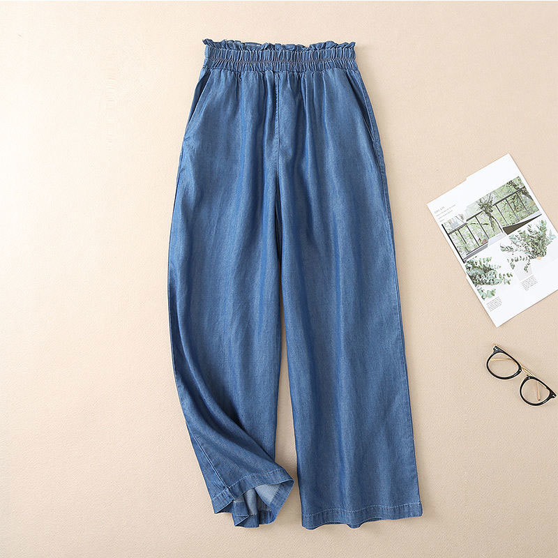 Spring Summer Fashion Women Jeans High Waist Loose Thin Wide Leg Cotton Denim Casual Ankle-length Pants Plus Size D53 210512