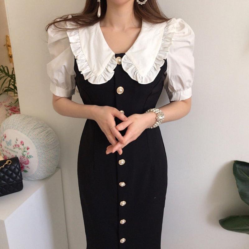 Korea Summer Fashion Women Elegant Ruffles Dress Peter Pan Collar Vintage Party Slim Fresh Cute Lovely Arrival 210506