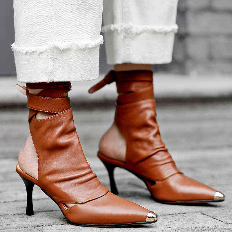 Summer fashion new pointed thin high heels women's shoes style Brown Sandals metal toe hollowed out sandals