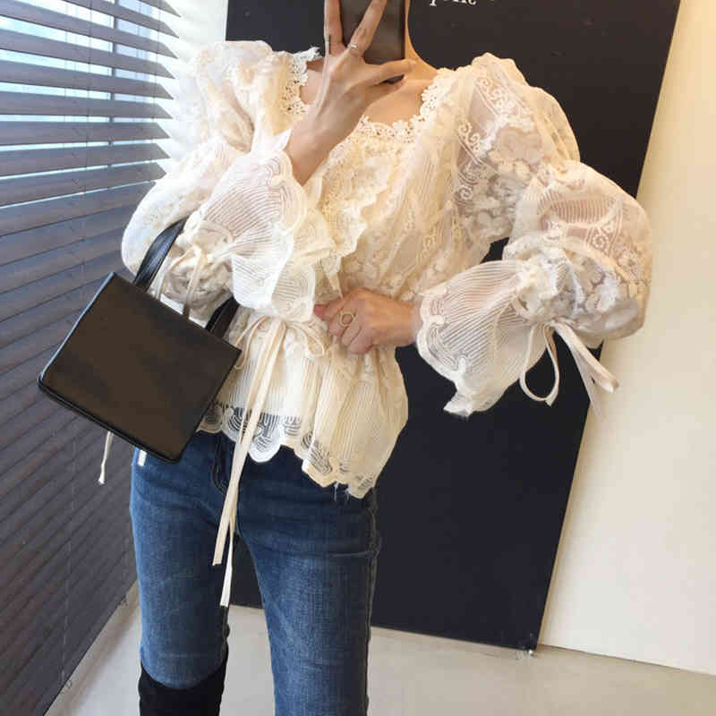 Nomikuma Korean Lace Hook Blouses Lace Up Slim Waist Flare Long Sleeve Shirt Autumn Chic Square Collar Blusas Mujer 6D109 210427