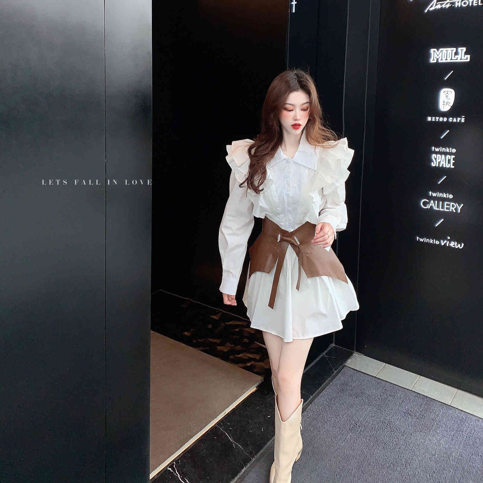 Elagant Women Mini Shirt Dress Lantern Long Sleeve Lady Short Turndown Collar Party Female es Vestidos 210519