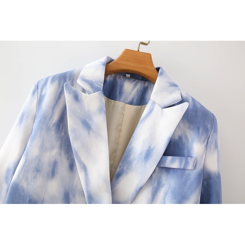 fashion women blue print blazer office ladies double breasted jackets casual female pocket suits girls chic sets 210430