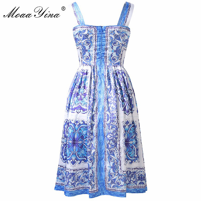 Fashion blue white porcelain print summer dress spaghetti strap front buttons slim casual dresses 210524