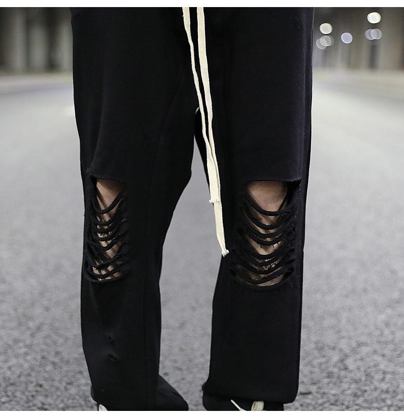 Dark Wind Hole Knife Cut Straight Loose Terry Draping Guard Pants Hip-hop Black All-match Cotton Casual Men Men's