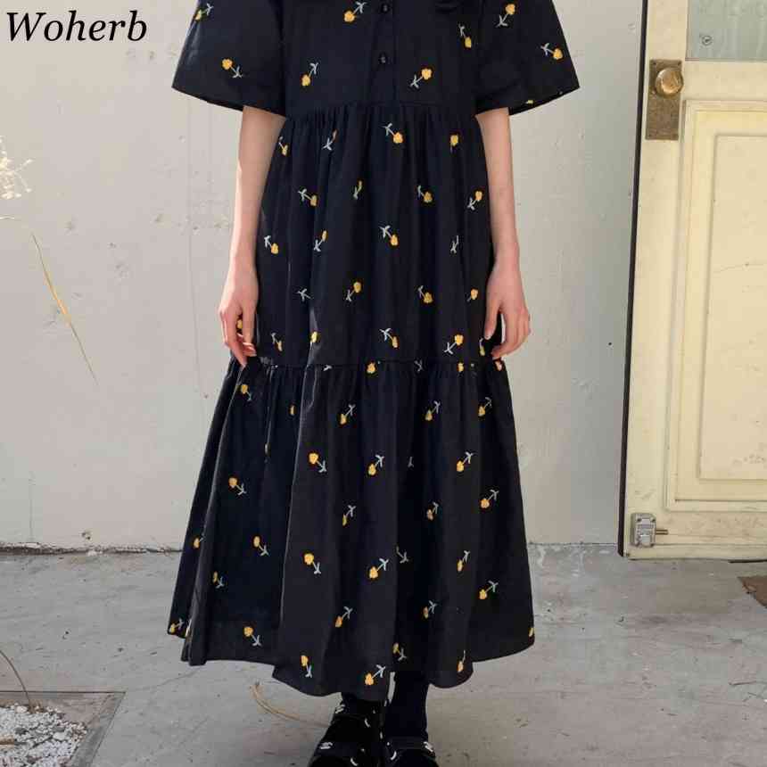 Women White Robe Floral Pleated Dress Sweet Embroidered Ruffles Vestidos Mujer Peter Pan Collar Loose Vintage Dresses 210519