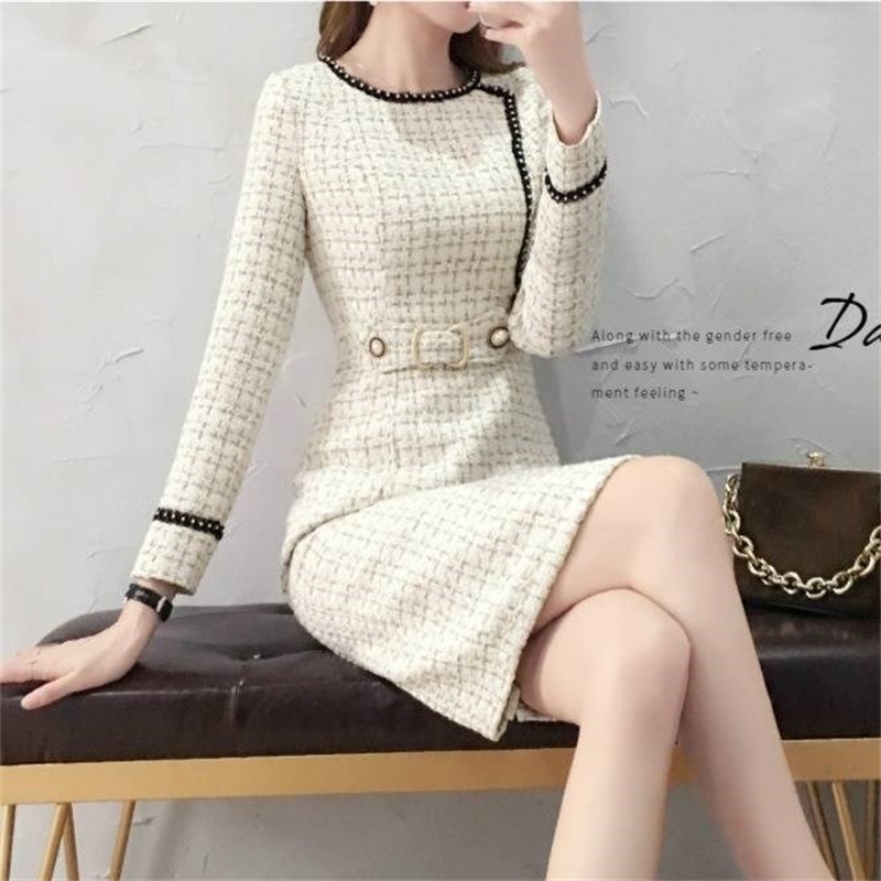 Comelsexy Tweed Dress Women Spring Vintage Wool Plaid Dresses Female Elegant Woolen Dress Ladies Office Vestidos 210515