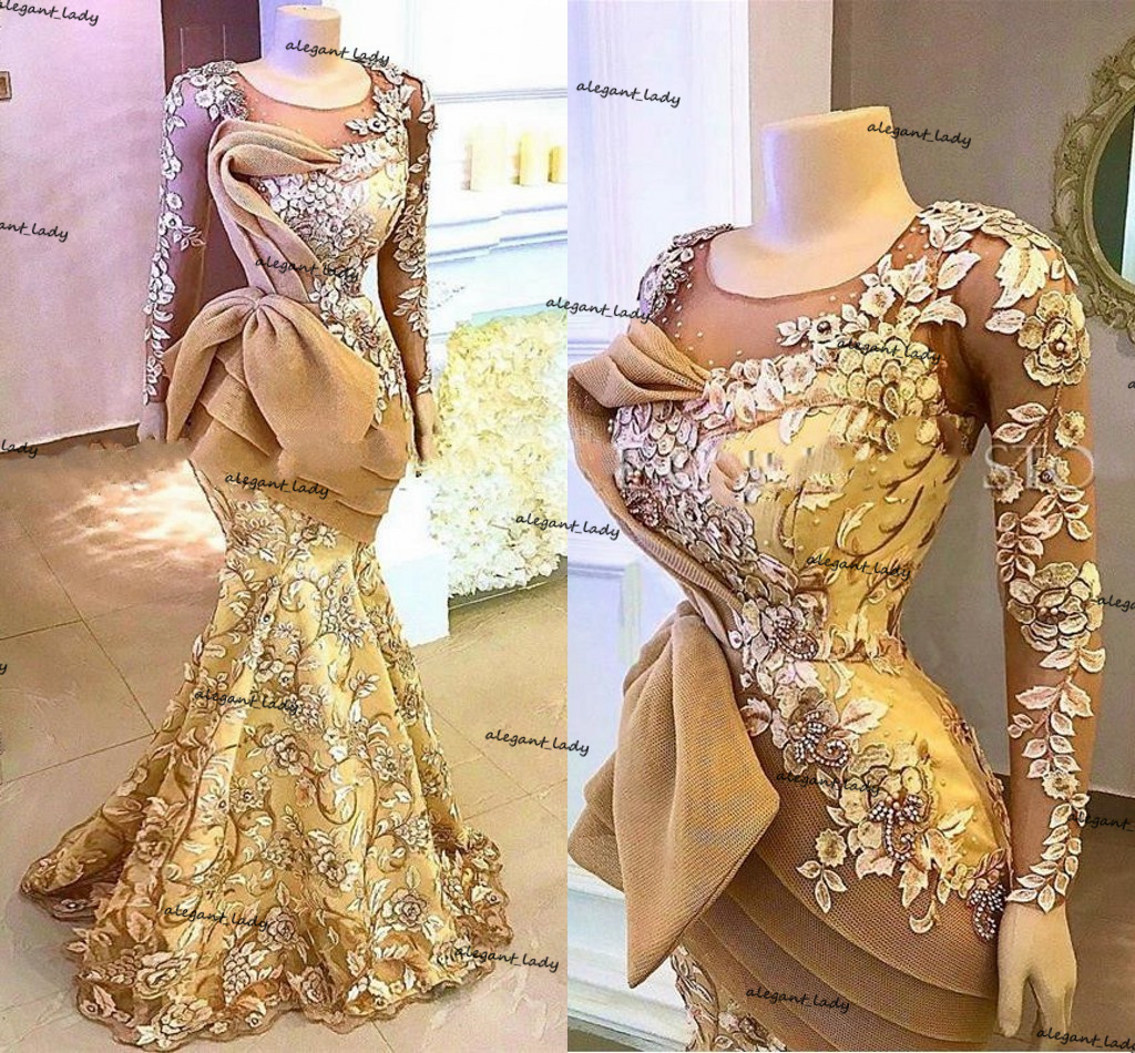 Gold Lace Aso Ebi Evening Gowns Long Sleeves Sheer o-neck Mermaid Women Pageant Gowns Organza Ruffles prom Dress 2021