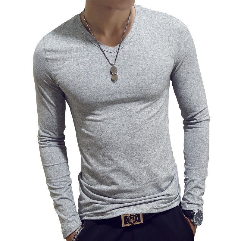 Spring and autumn men's T-shirt long sleeve round neck solid color top bottom coat Korean slim V-neck