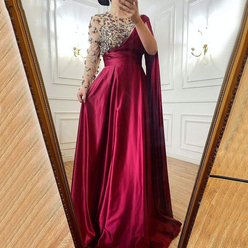 Saudi Arabic Green A Line Formal Evening Dresses Long Sleeve 2021 Luxury Crystals Beaded One Shoulder Satin Women Prom Party Gowns Pageant Dress