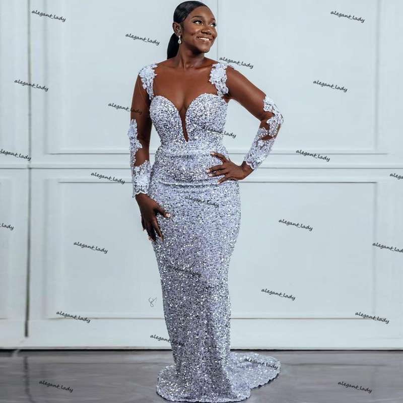 Brilliant Sequin Mermaid Evening Dresses O Neck Long Sleeve Appliques African Plus Size Sweetheart Backless Prom Dress Wear