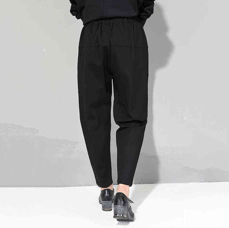 Spring Autumn High Elastic Waist Black Loose Patchwork Split Joint Brief Pants Women Trousers Fashion JQ013 211115