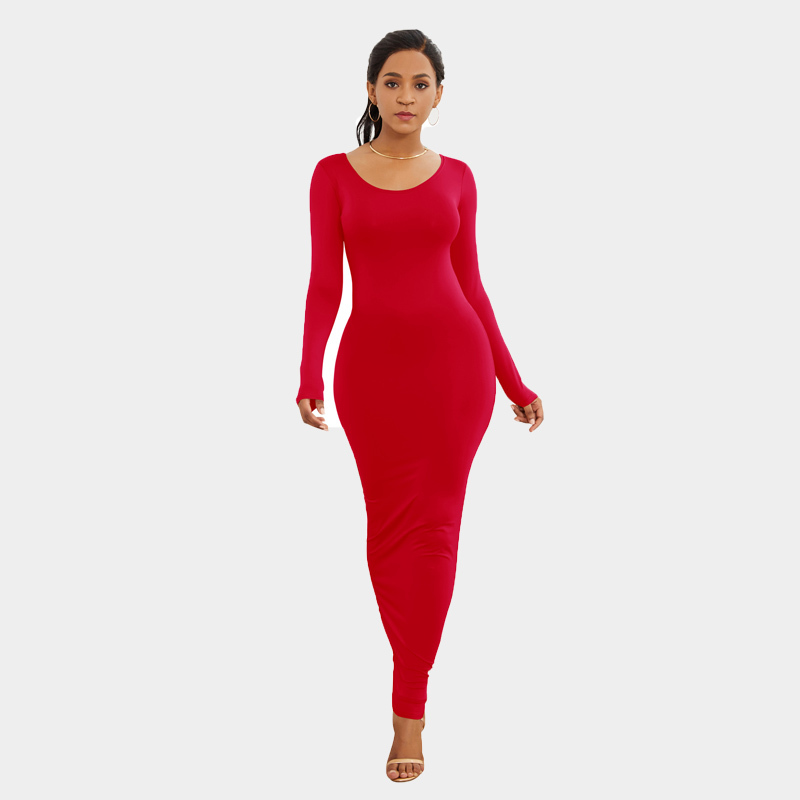 Slim Ankle Length Long Maxi Dress Sleeved Tight Pencil Women Autumn Vestidos Red Black Package Hip Bodycon es XL 210522