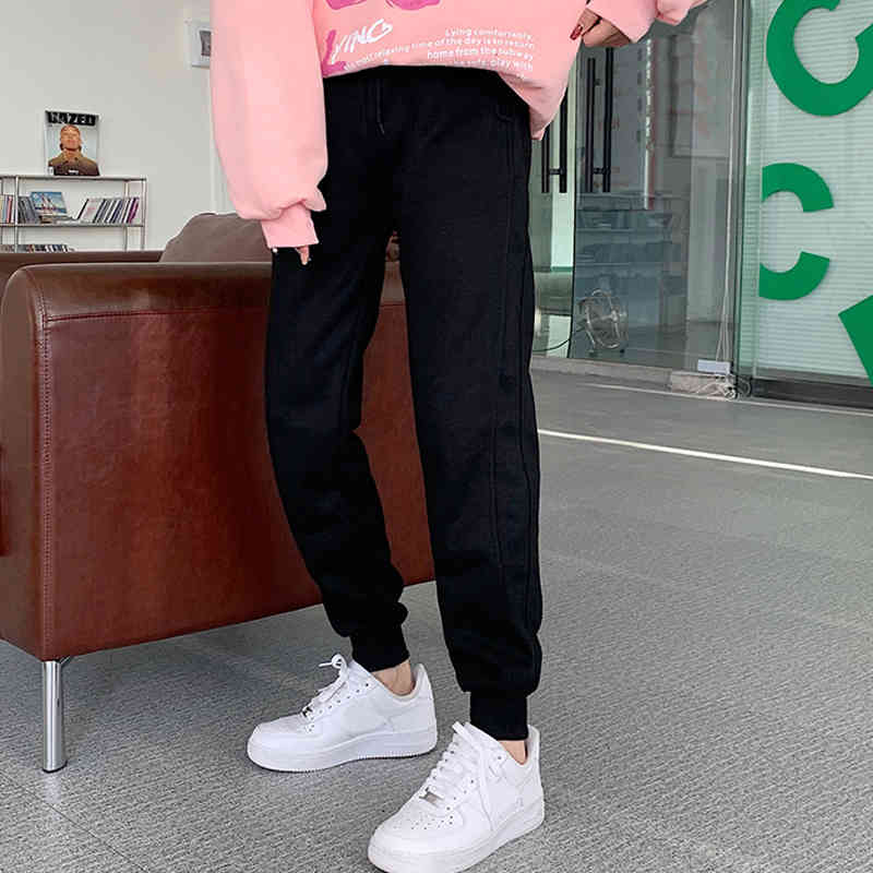 Nomikuma Autumn Winter Fleece Thick Sweatpants Lace Up Stretch High Waist Long Trousers Causal Solid Women Harem Pant 6D294 210427