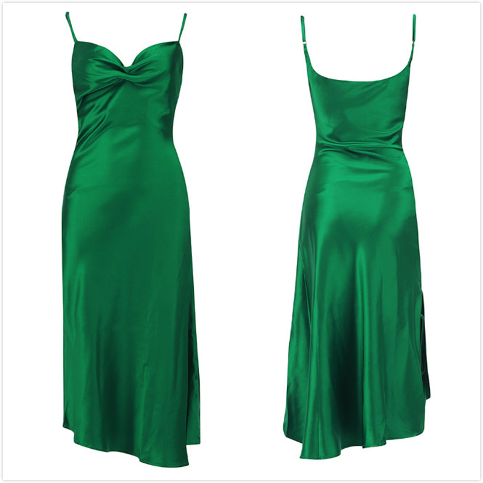 Free Women's Summer Midi Satin Dress Green Sexy Spaghetti Strap Sleeveless Halter Club Evening Party Vestido 210524