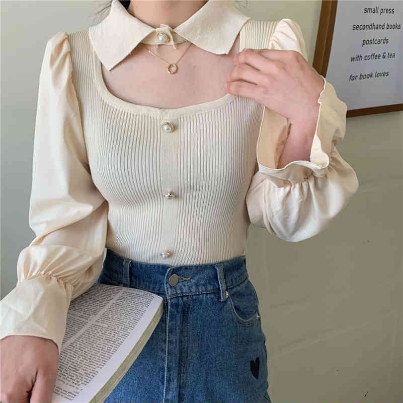 Ezgaga Hollow Out Blouse Women Patchwork Knit Tops Thin Slim Spring Outwear Long Sleeve Shirts Elegant Korean Fashion 210430