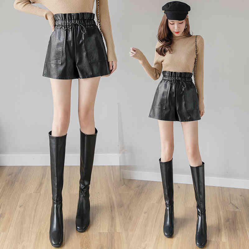 Korean Fashion Wide Leg Shorts with Drawstring A Line High Waist PU Leather Loose All-match Elastic 11062 210506
