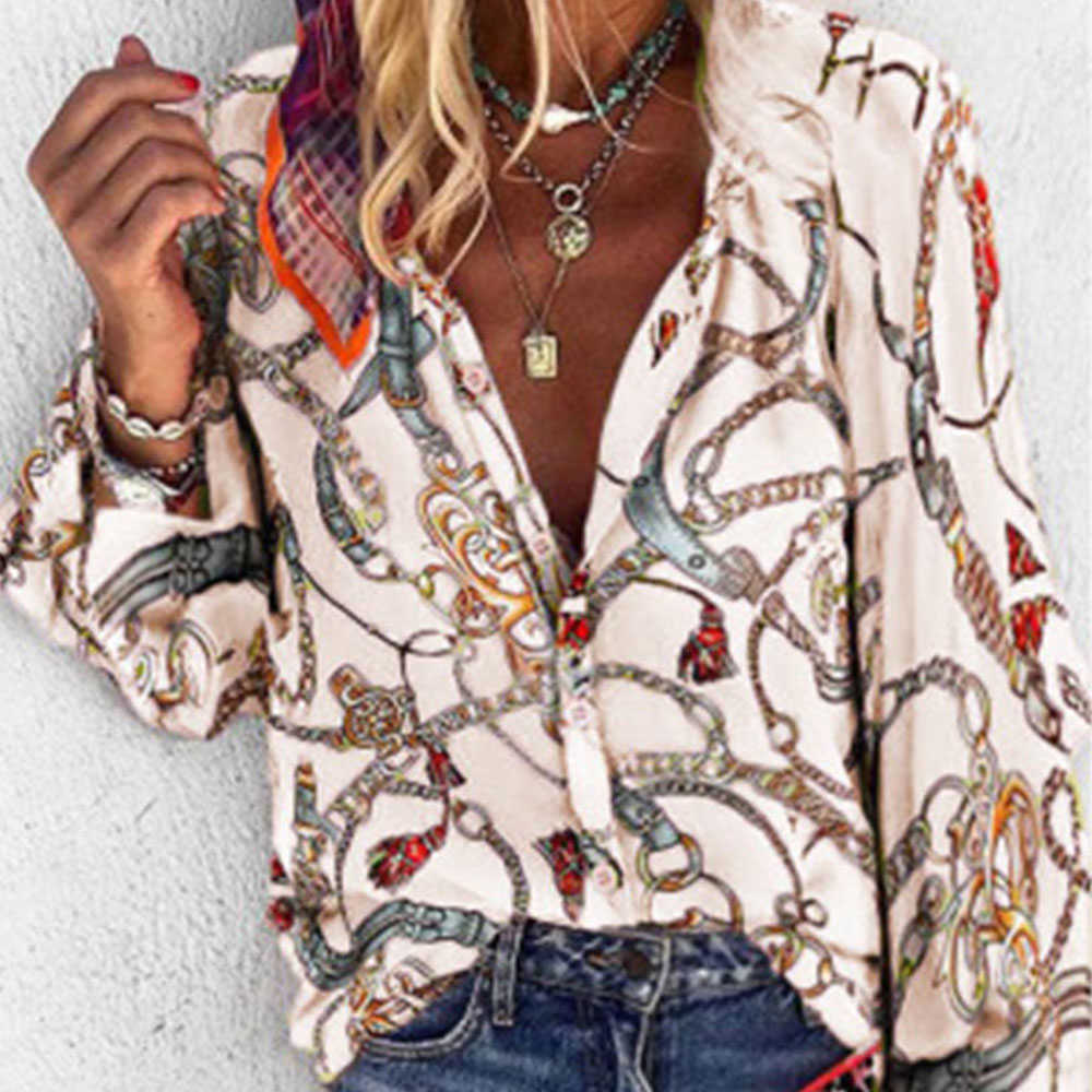 Casual Spring Summer Long Sleeve Blouse Women Vintage Chain Print Loose Shirts Plus Size 5XL Tops Single-breasted Tunic 210619