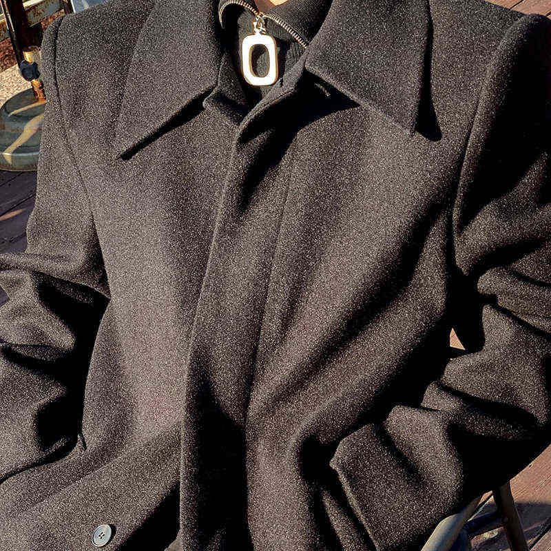 IEFB Black Single Button Thrn Down Collar Woolen Coat Autumn Winter Men's Medium Length Thick Korean Trendy Coat 9Y5236 211122