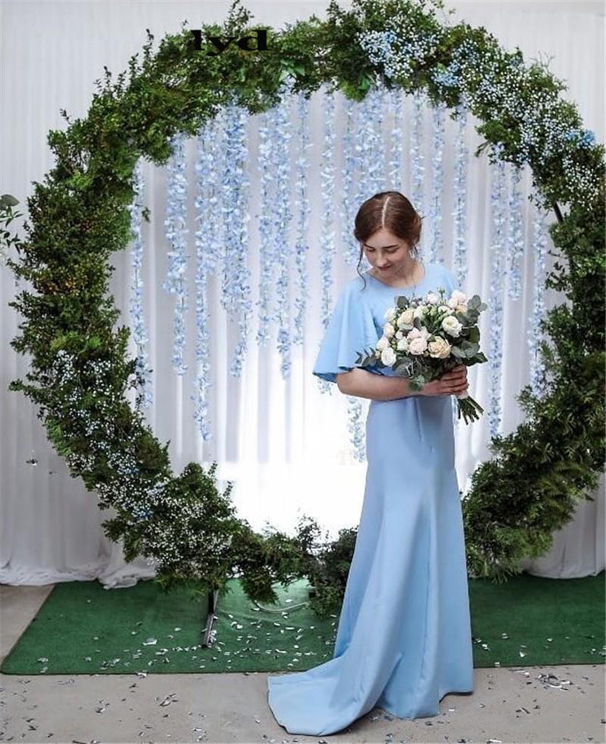 Light Sky Blue Mermaid Bridesmaid Dresses 2021 Jewel Short Sleeve Sweep Train Country Wedding Guest Gowns robes de demoiselle d'honneur