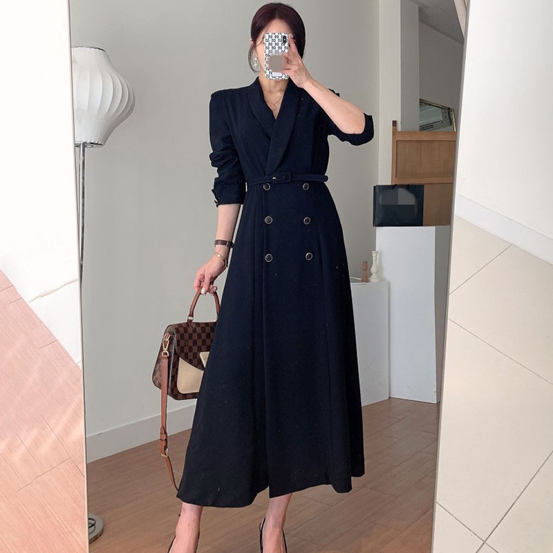 Elegant Double Breasted Lapel Women Party Dress Fashion Office OL Long Sleeve Belted Slim Waist Female Vestidos 210519