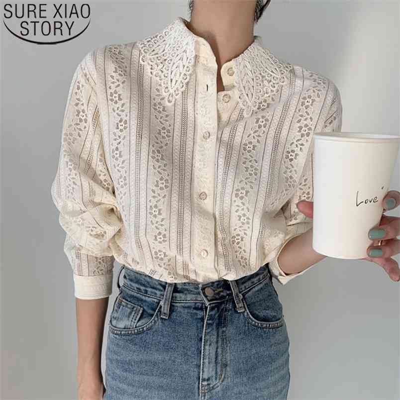 Korean Chic Vintage Lace Blouse Women Elegant Shirts Turn Down Collar Hollow Out Tops Long Sleeve Button Up Casual Clothes 12722 210506