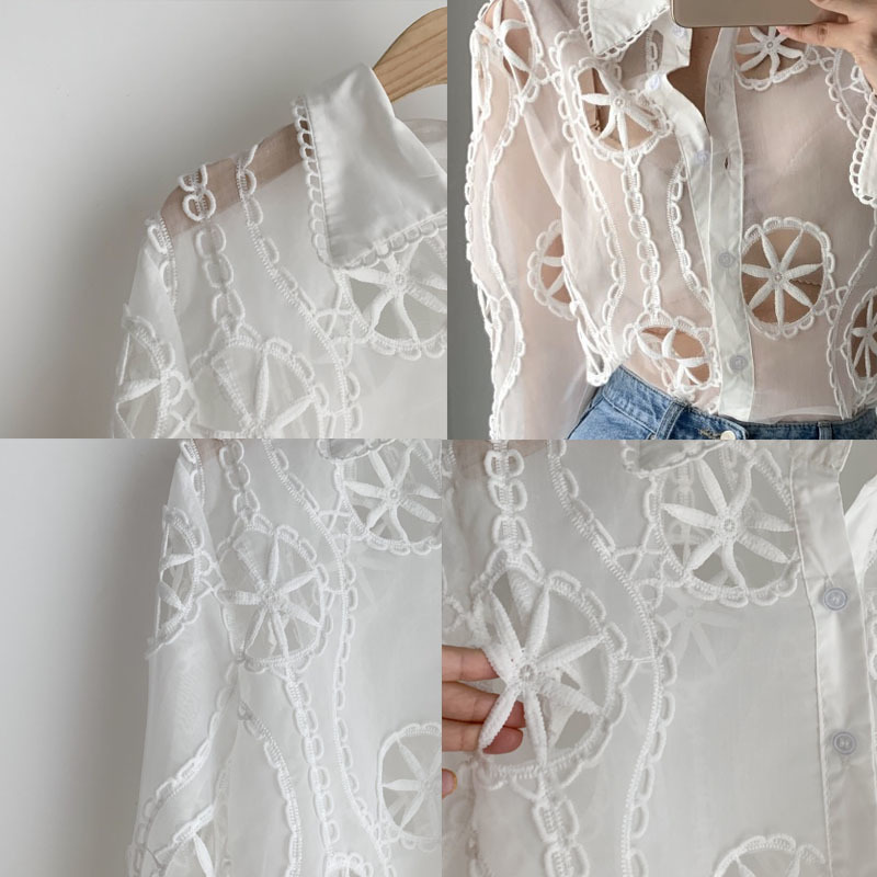 White Lace Blouse Floral Embroidery Shirt Spring Hollow Out Tops Plus Size Sexy See Through Long Sleeve Blusas 13369 210508
