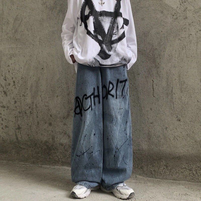HOUZHOU Casual Women Loose Vintage Jeans Harajuku Baggy Denim Pants Funny Gothic Autumn Grunge Wide Leg Graffiti Print Pants 220312