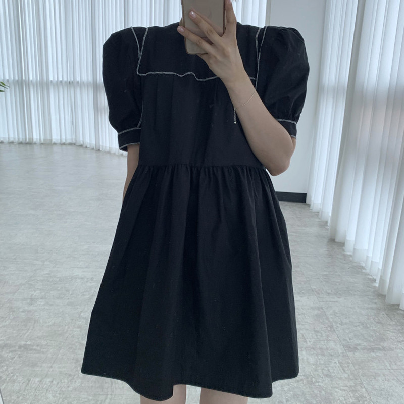 Nomikuma Korea Chic O-neck Woman Dress Hit Color Patchwork Puff Short Sleeve Dresses Causal High Waist A-line Vestidos 6F994 210427