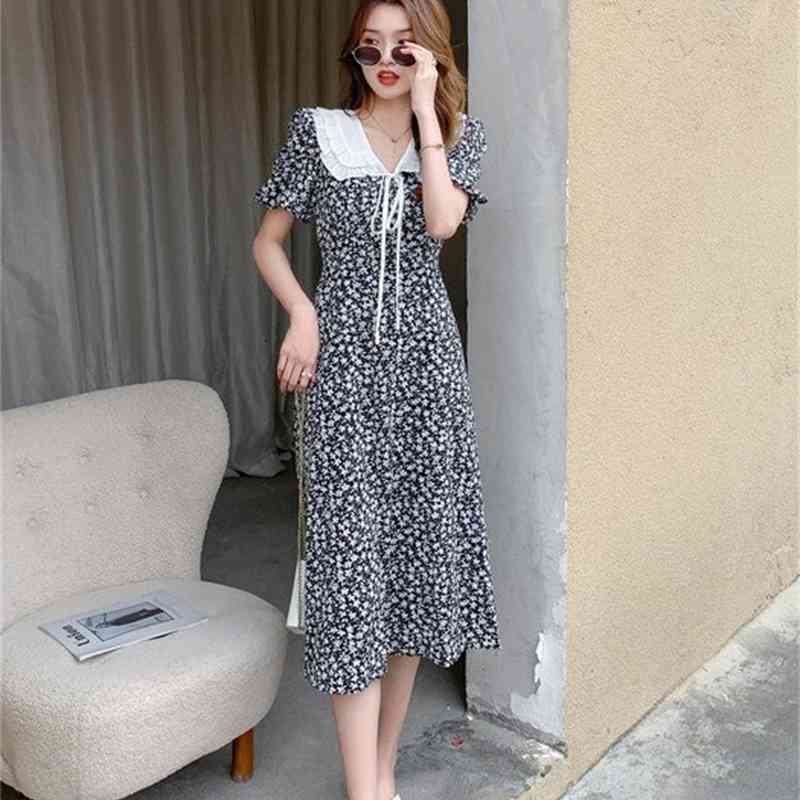 Summer Boho Dress Women's Vintage Sweet Bow Peter Pan Collar Floral Print Chiffon Casual Midi Robe Vestidos 210519
