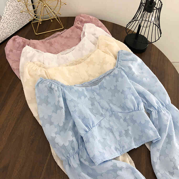 Cropped Shirt Lantern Sleeve Blouse Women Vintage Fashion Floral Blouses Korean Style Chic Tops Blusas All Match Top 210519